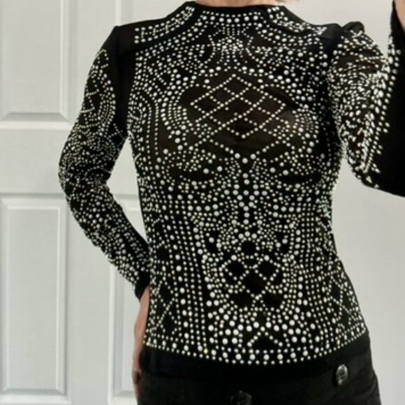 Black Sequin sheer and bead fitted top with back zipper size xs LIKE NEW! - Picture 8 of 9